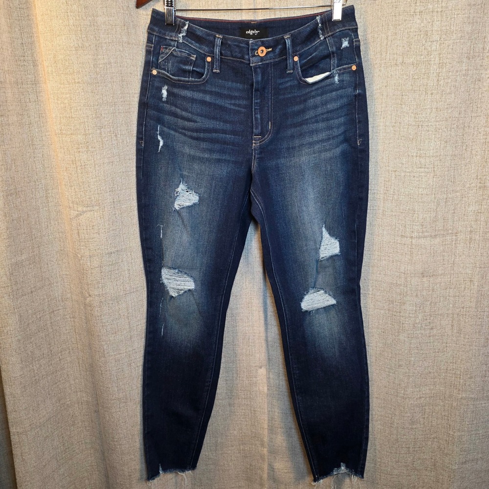 Edgely High Rise Super‎ Skinny Jeans Women's 12 Distressed Dark Wash Raw Cuff
